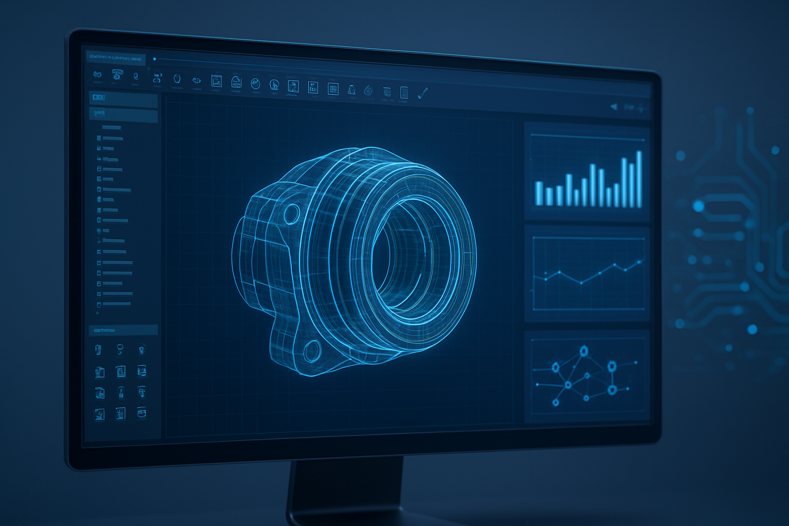 3D CAD model on a computer screen with data graphs in the background