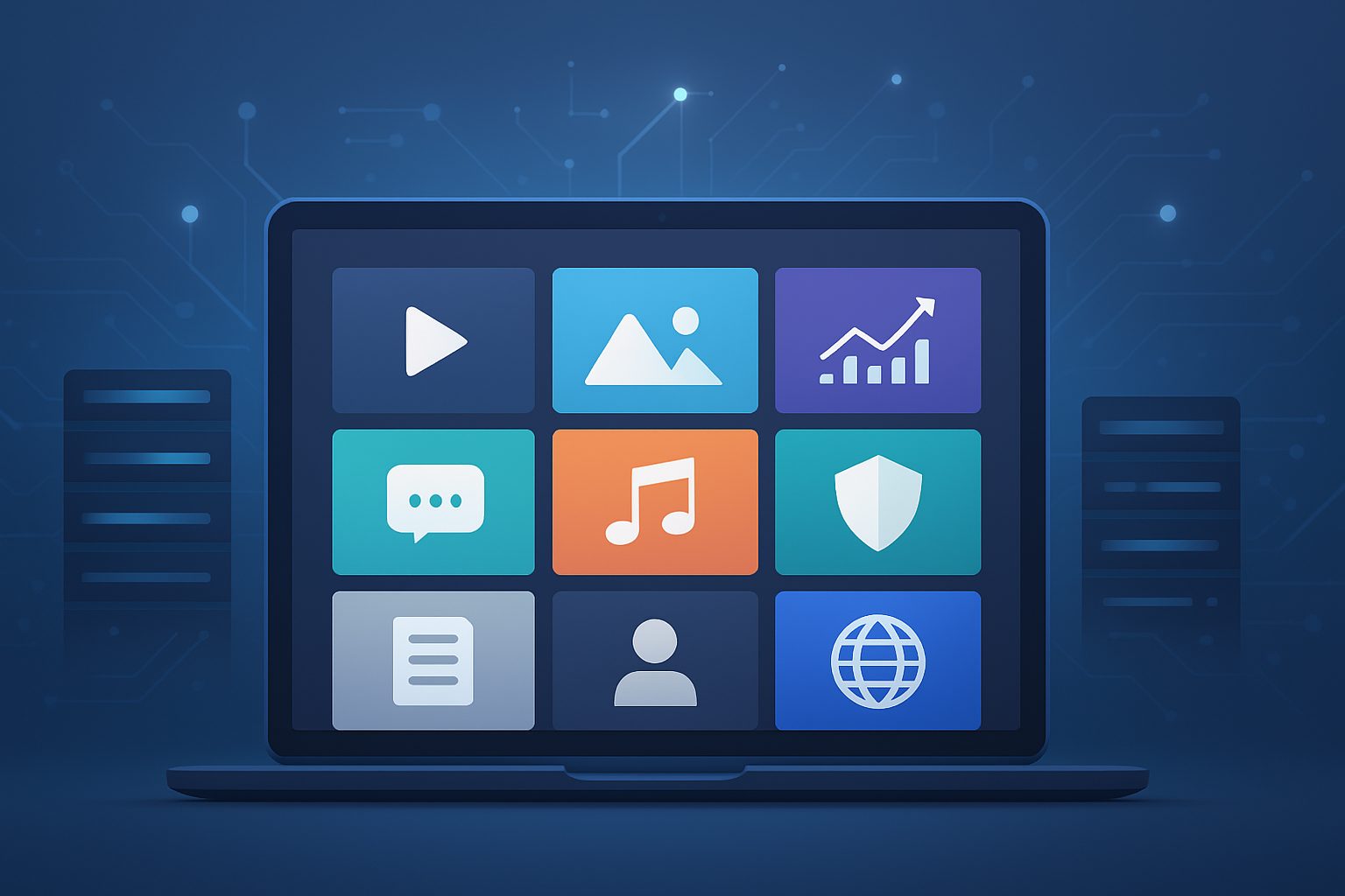 A laptop displaying various app icons related to media and security categories on a dark background.